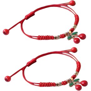 2Pcs Handmade Cherry Strawberry Bracelet Set for woman and Couple Red Rope Handmade Adjustable Friends Bracelet Charm Fruit Cute Jewelry (2 Pcs Red Cherry)