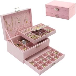 Soddeph Large Jewelry Organizer Box, 3-tier Display Case, Velvet Jewelry Box with Lock and Drawers, Varying Compartments for Necklace, Bracelets, Earrings, Rings, and Watch (Blue, Extra Large)
