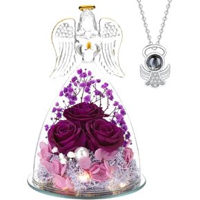 ANWEAO Anniversary Forever Real Light Rose Gifts with I Love You Angel Necklace for Women, Angel Guardian with Gifts Box