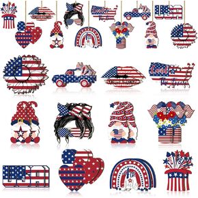 24 Pcs 4th of July Ornaments for Tree Independence Day Patriotic Wood Ornaments Memorial Day Red White Blue Hanging Ornament American Flag Wood Cutout for Tree Decoration Party Supplies