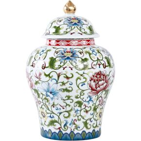 Jingdezhen Ceramic Ginger Jar with Lid, Chinese Style Temple Jar, Enamel Decorative Vase for Home Decor, Ceramic Storage Jar for Home Kitchen Dining Decoration