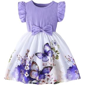 WDIRARA Toddler Girl's Butterfly Ruffle Cap Sleeve A Line Dress Birthday Party Bow Flared Dresses