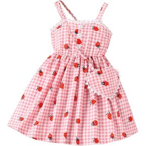 Wdirara Toddler Girl's Girl Plaid Strawberry Print Flared Cami Dress Dress Fress Fress مع حقيبة