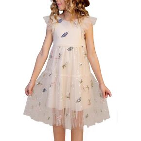 New 5-15Years Girls Beige Tulle Dress Embroidered Floral Sparkle Flutter Sleeve Cotton Lined Party