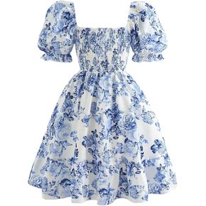 Wdirara Girl's Floral Print Square Dipric Dress Bow Bow Back Back Smocked Swing Dresses