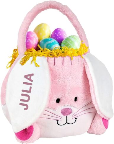 GiftsForYouNow Embroidered Plush Blue Bunny Personalized Easter Basket, Easter Basket for Little Boys, Easter Egg Hunt Tote, Perfect for Toys and Candy, 10" W x 7" H x 9" D in Saudi Arabia