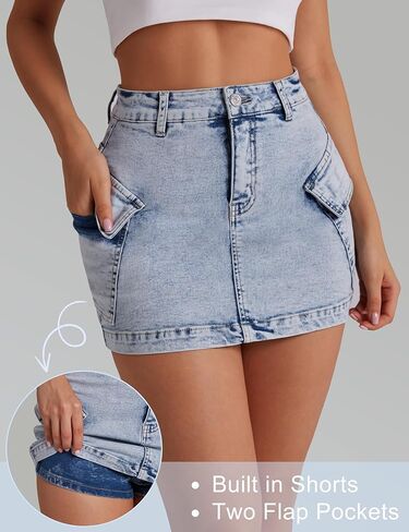 Jean Skirts for Women Denim Skirt Stretchy Jean Skort High Wasited Cargo Mini Denim Skirt with Flap Pockets in Kuwait