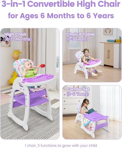 Baby High Chair,3 in 1 High Chairs for Babies and Toddlers, Convertible Toddler Highchair, Adjustable Infant Feeding Chair for Boy & Girl, Easy Clean Baby Eating Chair for 6 Months and Up in Saudi Arabia