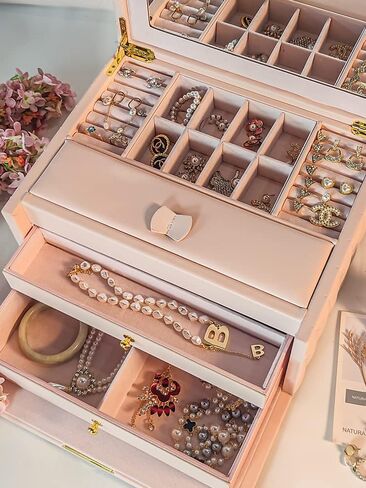 Wooden Jewelry Box Organizer Luxurious Faux-Leather with Key Lock Drawer Mirror Earrings Necklace Ring Rests for Women(Off White) in Saudi Arabia