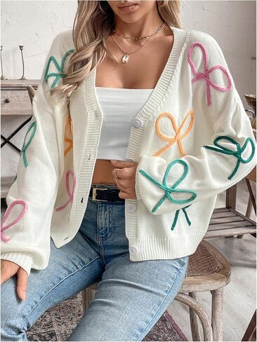 WDIRARA Women's Bow Button Down Cardigan V Neck Long Sleeve Drop Shoulder Knit Sweater in Saudi Arabia
