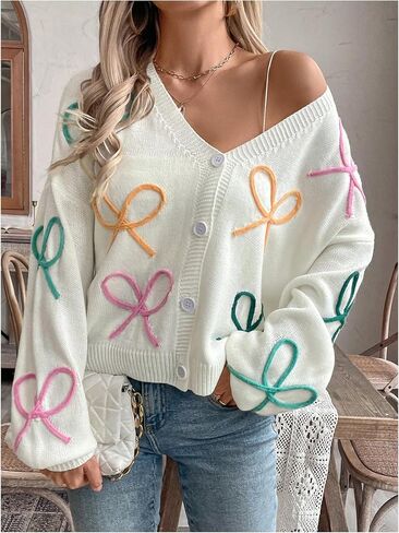 WDIRARA Women's Bow Button Down Cardigan V Neck Long Sleeve Drop Shoulder Knit Sweater in Saudi Arabia