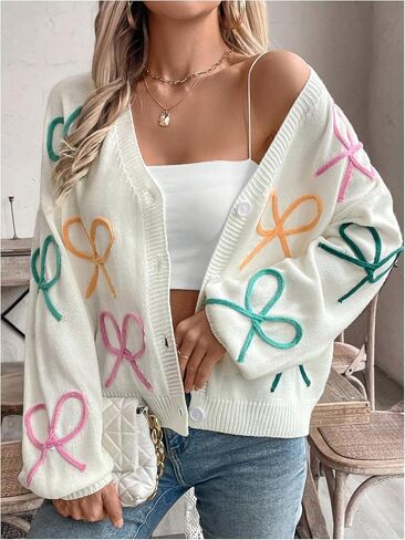 WDIRARA Women's Bow Button Down Cardigan V Neck Long Sleeve Drop Shoulder Knit Sweater in Saudi Arabia