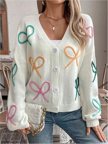 WDIRARA Women's Bow Button Down Cardigan V Neck Long Sleeve Drop Shoulder Knit Sweater in Saudi Arabia