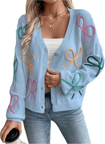 WDIRARA Women's Bow Button Down Cardigan V Neck Long Sleeve Drop Shoulder Knit Sweater in Saudi Arabia