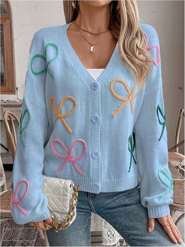 WDIRARA Women's Bow Button Down Cardigan V Neck Long Sleeve Drop Shoulder Knit Sweater in Saudi Arabia