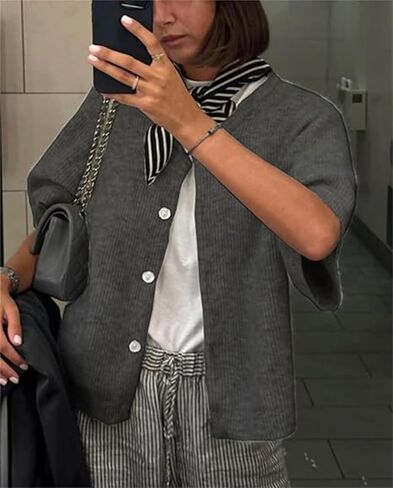 Women's Cardigans Short Sleeve Button Down Cardigan Sweater Y2k Knitted Crop Shirt Top in Kuwait