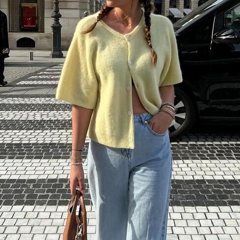 Women's Cardigans Short Sleeve Button Down Cardigan Sweater Y2k Knitted Crop Shirt Top in Kuwait