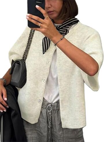 Women's Cardigans Short Sleeve Button Down Cardigan Sweater Y2k Knitted Crop Shirt Top in Kuwait