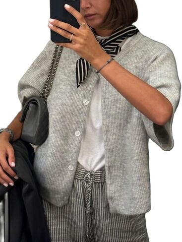 Women's Cardigans Short Sleeve Button Down Cardigan Sweater Y2k Knitted Crop Shirt Top in Kuwait