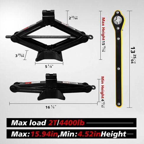 2.5 طن/5512 رطل جاك مقص | 7 PCS Car Jack Tyre Kit ، مجموعة تغيير الإطارات المحمولة تشمل جاك مقص أسود ، محول حفر المقبس ، مفتاح راتشيت ، مقياس الإطارات in Saudi Arabia