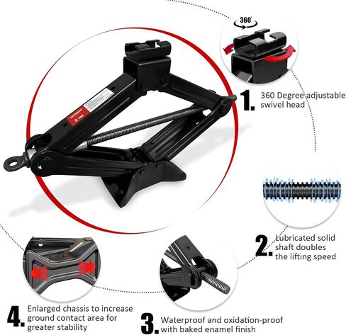 2.5 طن/5512 رطل جاك مقص | 7 PCS Car Jack Tyre Kit ، مجموعة تغيير الإطارات المحمولة تشمل جاك مقص أسود ، محول حفر المقبس ، مفتاح راتشيت ، مقياس الإطارات in Saudi Arabia