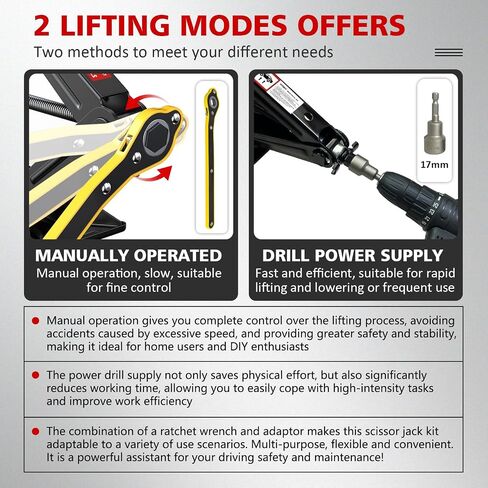 2.5 Ton/5512 LBS Scissor Jack | 7 PCS Car Jack Tire Changing Kit, Portable Tyre Changer Set Includes Black Scissor Jack, Socket Drill Adapter, Ratchet Wrench, Tire Gauge in Saudi Arabia