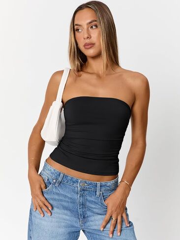 Trendy Queen Womens Cute Summer Tube Tops Going Out Strapless Ruched Backless Sleeveless Bandeau Y2k Clothes 2025 in Saudi Arabia