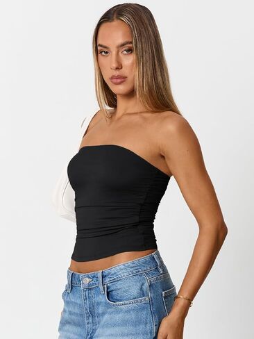 Trendy Queen Womens Cute Summer Tube Tops Going Out Strapless Ruched Backless Sleeveless Bandeau Y2k Clothes 2025 in Saudi Arabia
