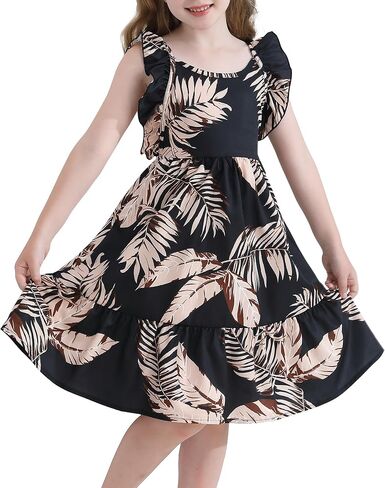 Girls Summer Dresses Tween Cross Tie Back Ruffle Sleeve Casual Floral Hawaiian Dress with Pockets for 7-12 Years in Kuwait