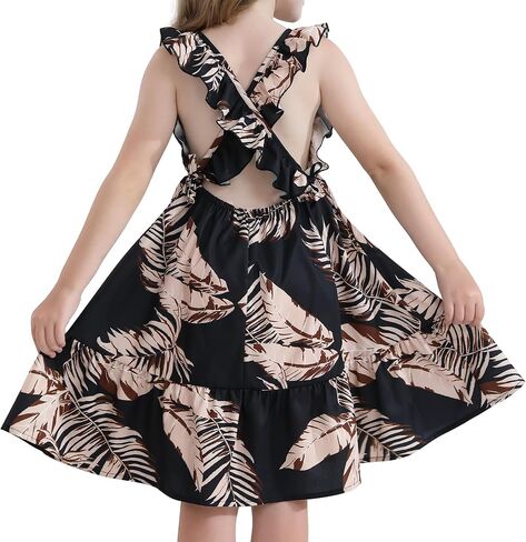 Girls Summer Dresses Tween Cross Tie Back Ruffle Sleeve Casual Floral Hawaiian Dress with Pockets for 7-12 Years in Kuwait