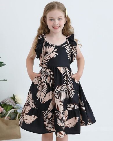 Girls Summer Dresses Tween Cross Tie Back Ruffle Sleeve Casual Floral Hawaiian Dress with Pockets for 7-12 Years in Kuwait