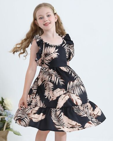 Girls Summer Dresses Tween Cross Tie Back Ruffle Sleeve Casual Floral Hawaiian Dress with Pockets for 7-12 Years in Kuwait