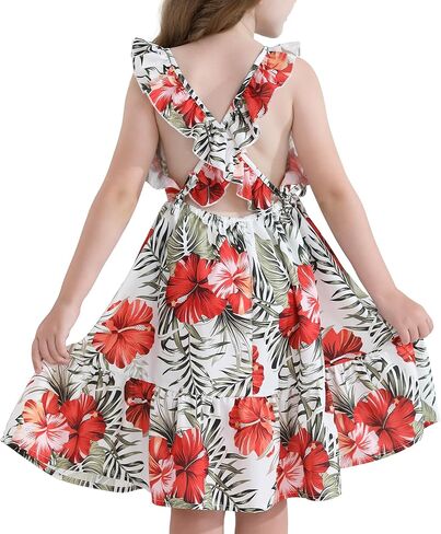 Girls Summer Dresses Tween Cross Tie Back Ruffle Sleeve Casual Floral Hawaiian Dress with Pockets for 7-12 Years in Kuwait