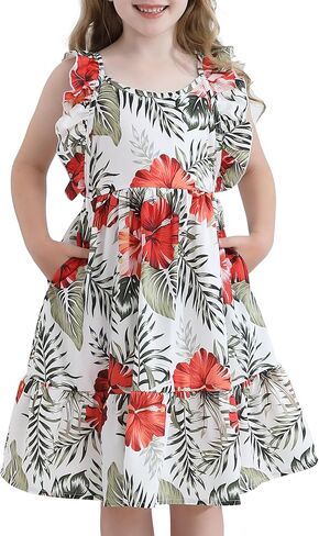 Girls Summer Dresses Tween Cross Tie Back Ruffle Sleeve Casual Floral Hawaiian Dress with Pockets for 7-12 Years in Kuwait