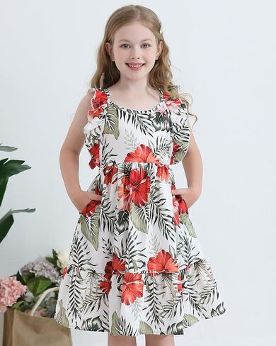 Girls Summer Dresses Tween Cross Tie Back Ruffle Sleeve Casual Floral Hawaiian Dress with Pockets for 7-12 Years in Kuwait