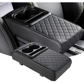 Car Center Console Cover, Arm Rest Cover for Car with Cup Holder, Universal Car Console Covers，2 Cup Holders and a Cell Phone Holder, Black