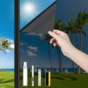 ConCus-T One Way Window Privacy Film with 4 Free Tools, Heat Control UV Blocking Window Tint for Home Reflective Mirror Film Static Cling Door Glass Covering, Black, 11.81Inch x 6.5Feet