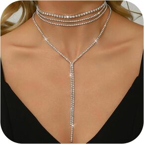 Rhinestone Lariat Necklace for Women Elegant Choker Y-Necklace Sparkling Crystals Long Adjustable Chain Jewelry Gift for Party Evening Wear