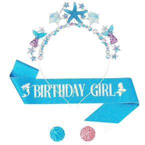 Didder Mermaid Birthday Whoodfit Sash and Starfish Bathband Party for Girls ، Mermaid موضوع عيد ميلاد هدايا للفتيات (Blue Starfish + Blue Sash)