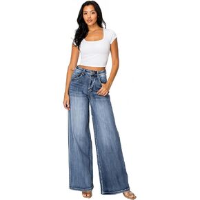High Waist Stretchy Wide Leg Jeans for Women Plus Size Washed Blue Denim Pants Raw Hem Casual Outing