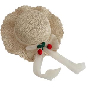 Girls Sweet Cherry Lace Bowknot Sun Hat Summer Sunblock Straw Hat Wide Brim Floppy Outdoor Beach Sun Protection Hat