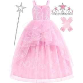 Pink Witch Dress for Girls Glitter Princess Costumes Pink Bubble Sequin Tulle Fancy Dress Up for Halloween Cosplay
