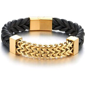 Coolsteelandbeyond New Men Steel Gold Color Franco Box Chain أسود سوار جلدي مضفر أصلي مع قفل مغناطيسي