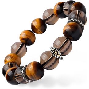 GUXI-Discerning Eye Tiger Eye Bracelet Men Natural Smoky Quartz Beaded Bracelets Handmade Premium Authentic Gemstone Beads Protection Crystals Vintage Silver Mens Birthday Gift Ideas