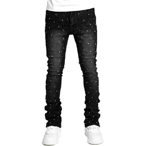 Men Rhinestone Skinny Ripped Jeans Y2k Stretch Slim Fit Stacked Jeans Grunge Denim Pants