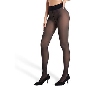 Black Fake Translucent Tights - Ultra Comfy Faux Sheer Pantyhose, Warm Opaque Durable Leggings w/Seamless Waist