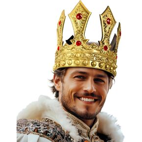 MCJC Medieval King Crown with Red Gems, Adjustable Royal Costume Tiara, Silver and Gold
