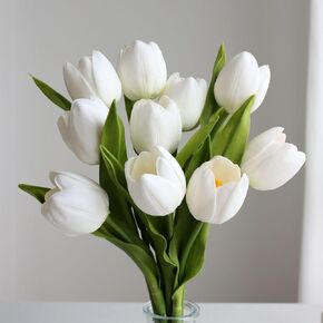 10 قطع من زهور التوليب الصناعية المزيفة في مزهرية من grtefhu، زهور التوليب البيضاء الحريرية الاصطناعية ترتيبات اللمس الحقيقي مع مزهرية لتزيين طاولة المكتب وديكور المنزل in Kuwait