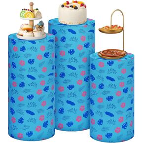Weysat 3 Set Cylinder Pedestal Stand Covers for Cartoon Party Pink Blue Palm Leaf Pattern Milk Silk Pedestal Stand Lid for Birthday Party Wedding Baby Shower Decor, Only Contains Cylinder Covers