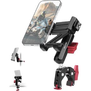 Motorcycle Phone Mount with Vibration Dampener (Include Super Clamp +Double Socket Arm+ Phone Stand All In One ) 360°Adjust & Aluminum Phone Holder for EBike, Desk,Tripod, (5.4''-7.2'' iPhone), JC014